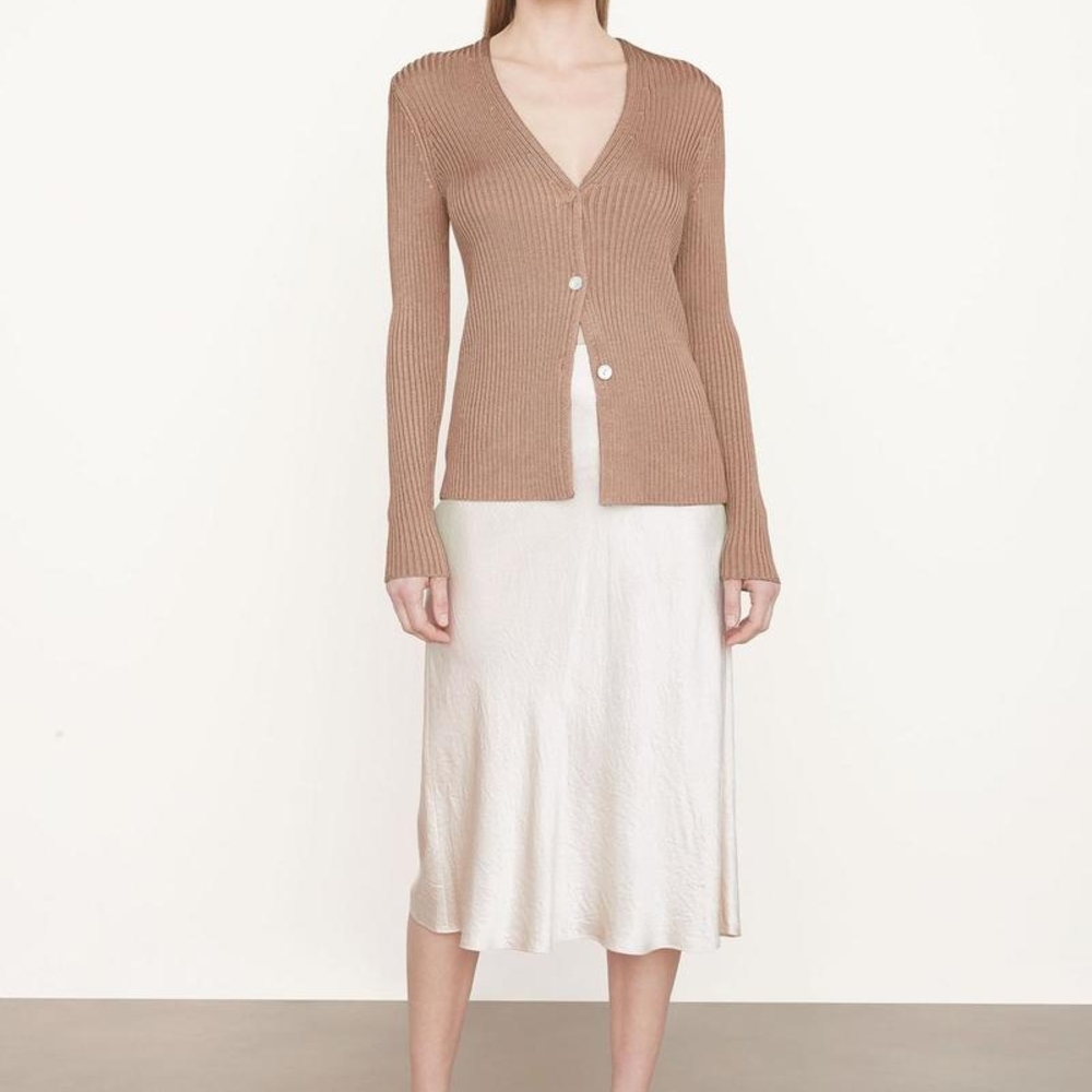 Vince Ribbed Button Up Cardigan In Chestnut Size 2X